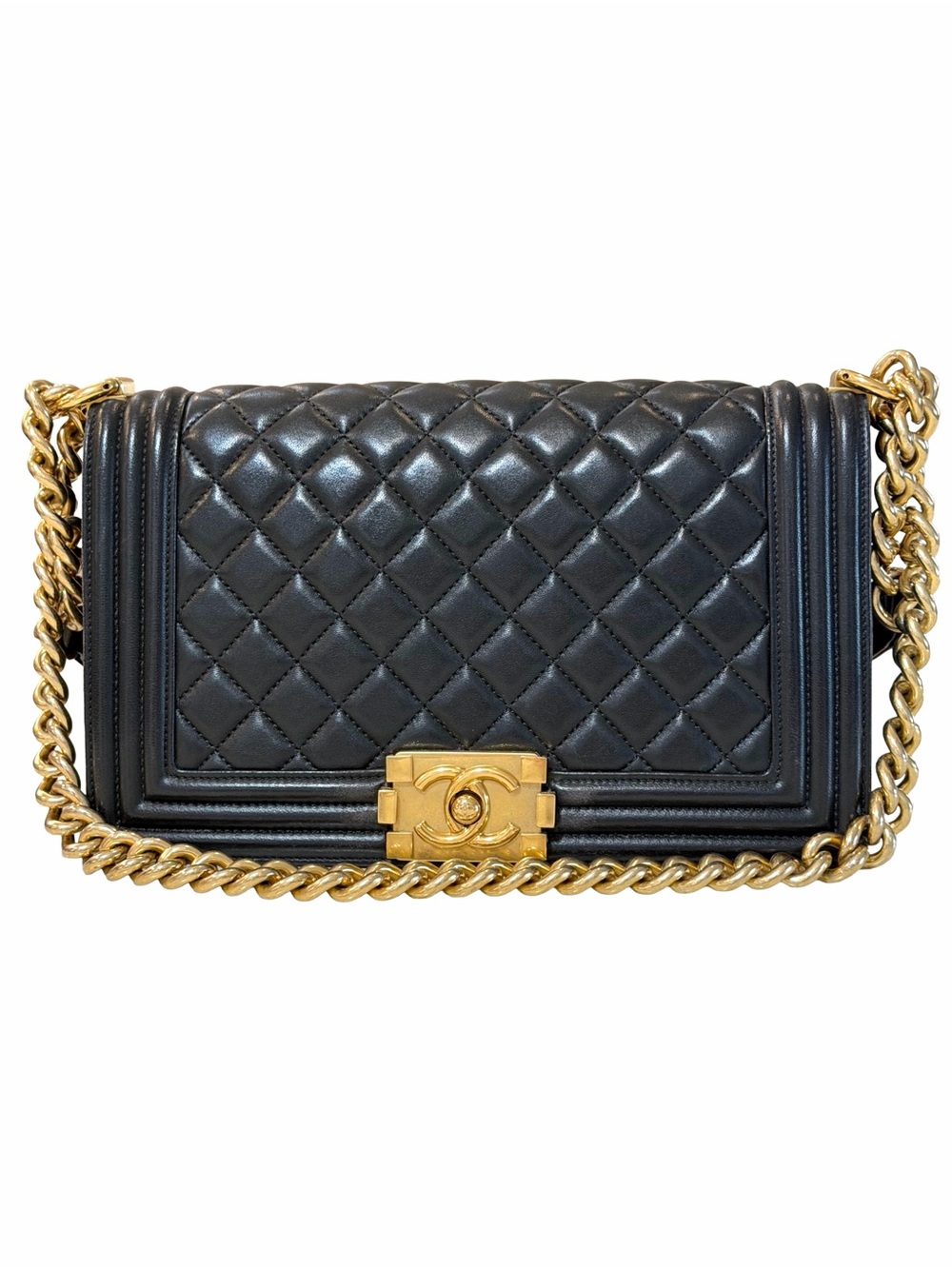 Chanel Boy Medium Black Quilted Lambskin Chain Shoulder Bag with Gold Hardware